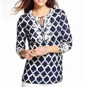 Talbots Womens L Petite Navy Blue Bon Voyage Beaded Embroidered Tunic Top Beach